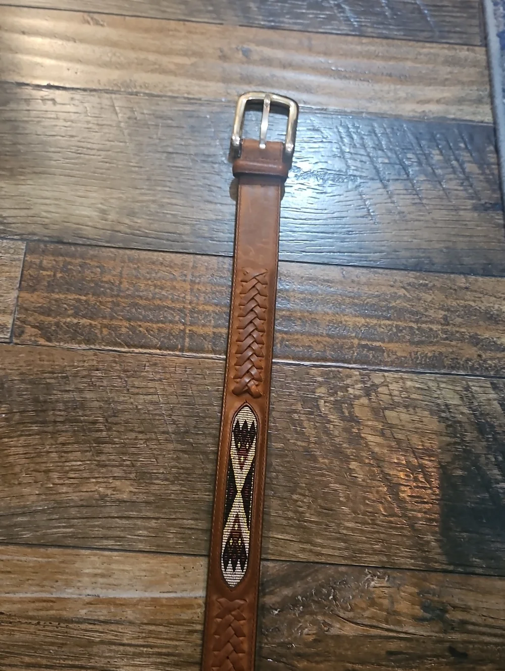 Brighton Men's Brown Leather Braided Belt with Aztec Design Inlay Size 34